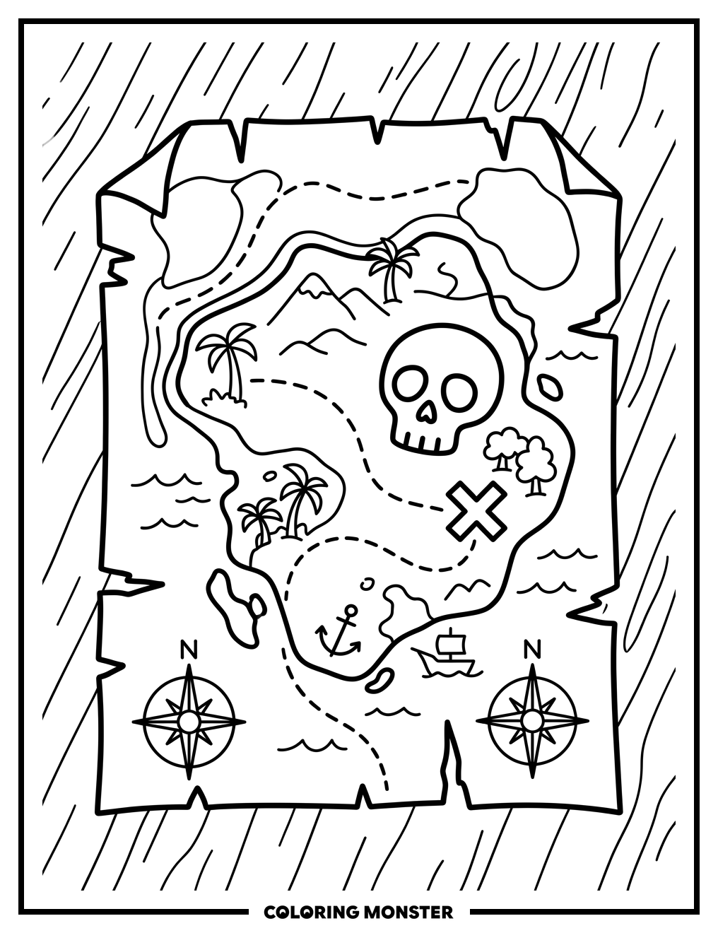 Treasure Map With Skull And X Coloring Page