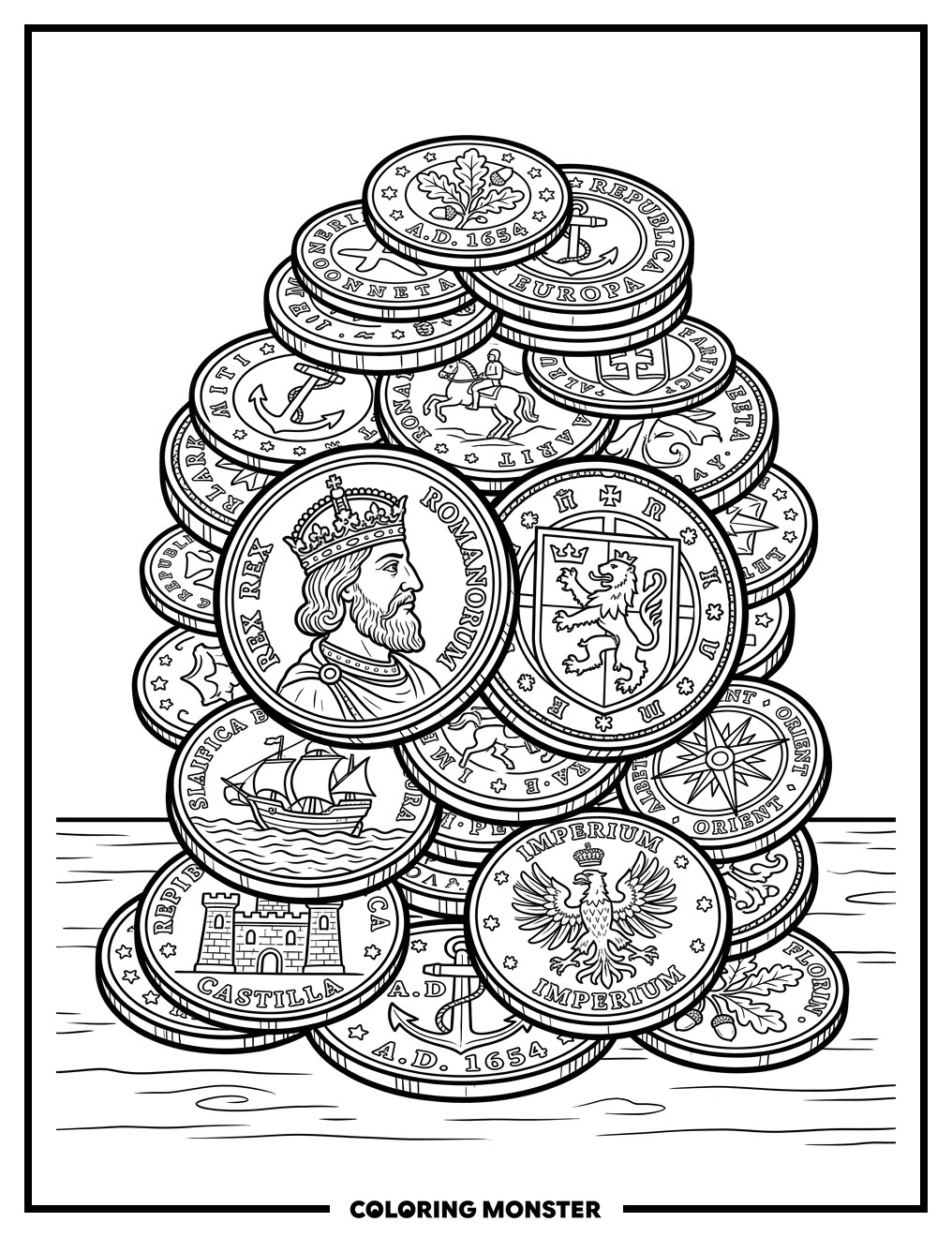 Treasure Trove of Old Coins Coloring Page