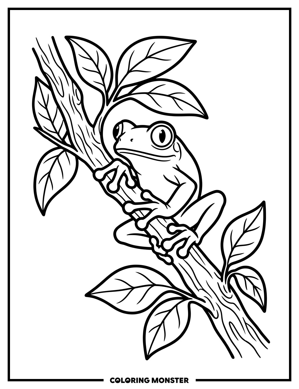 Tree Frog on Leafy Branch Coloring Page