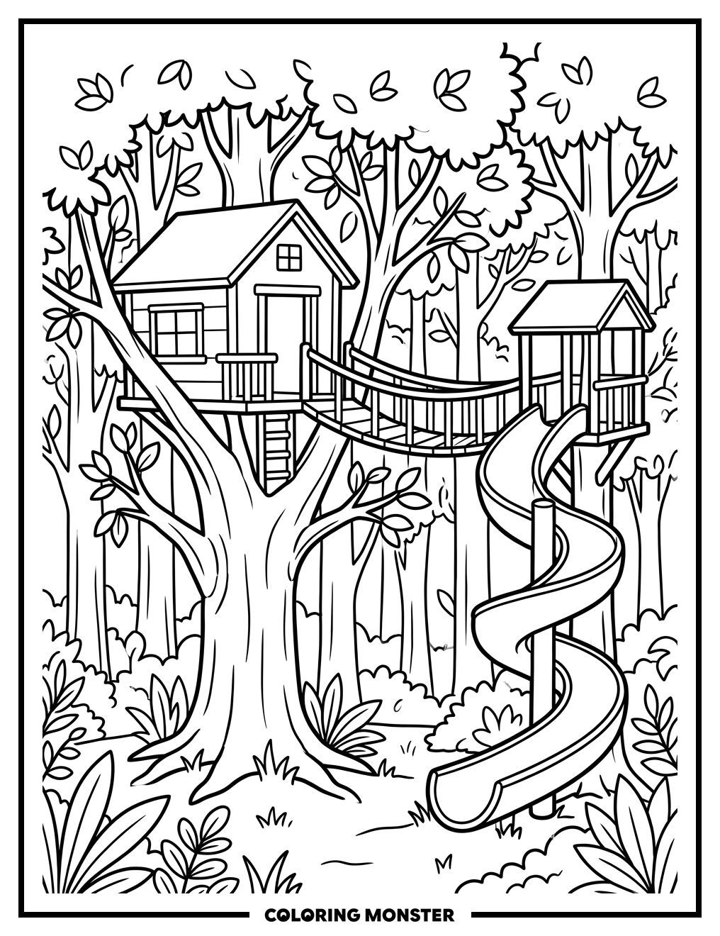 Treehouse Village with Slide Coloring Page