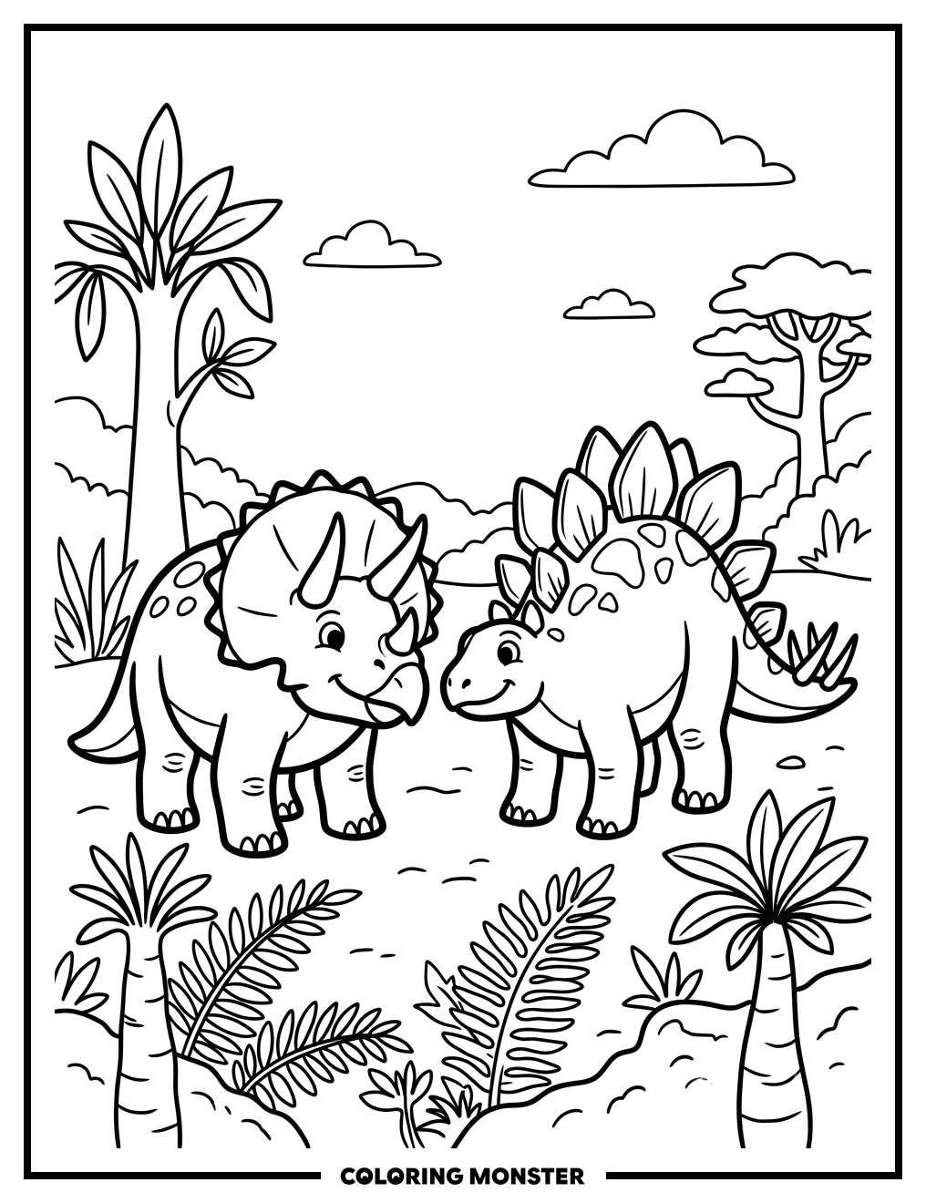 Triceratops and Stegosaurus Friends Coloring Page