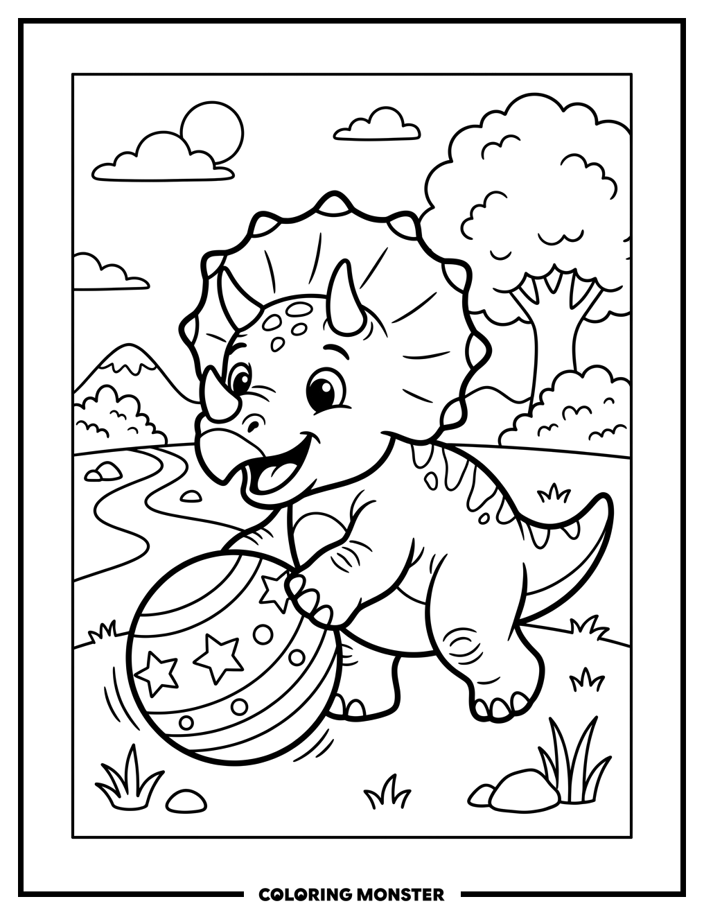 Triceratops Dinosaur Playing With Ball Coloring Page