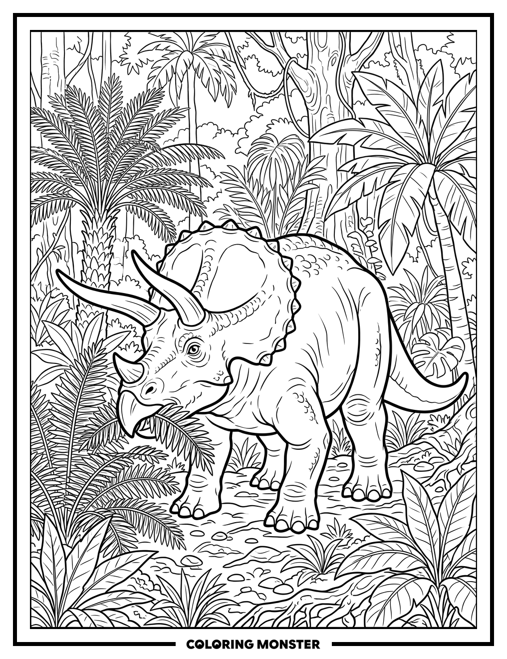 Triceratops Eating Ferns in Jungle Coloring Page