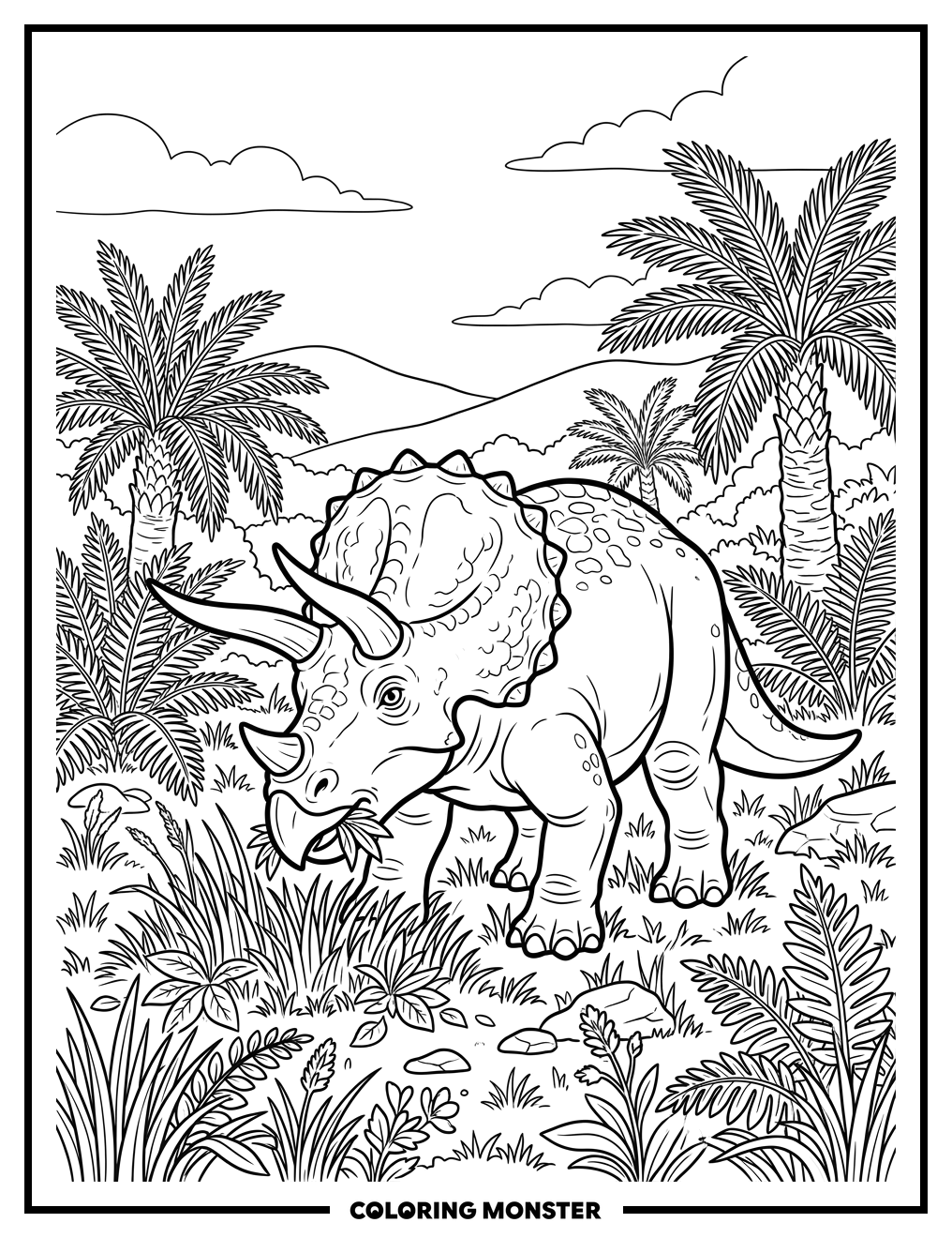 Triceratops Eating Grass in Field Coloring Page