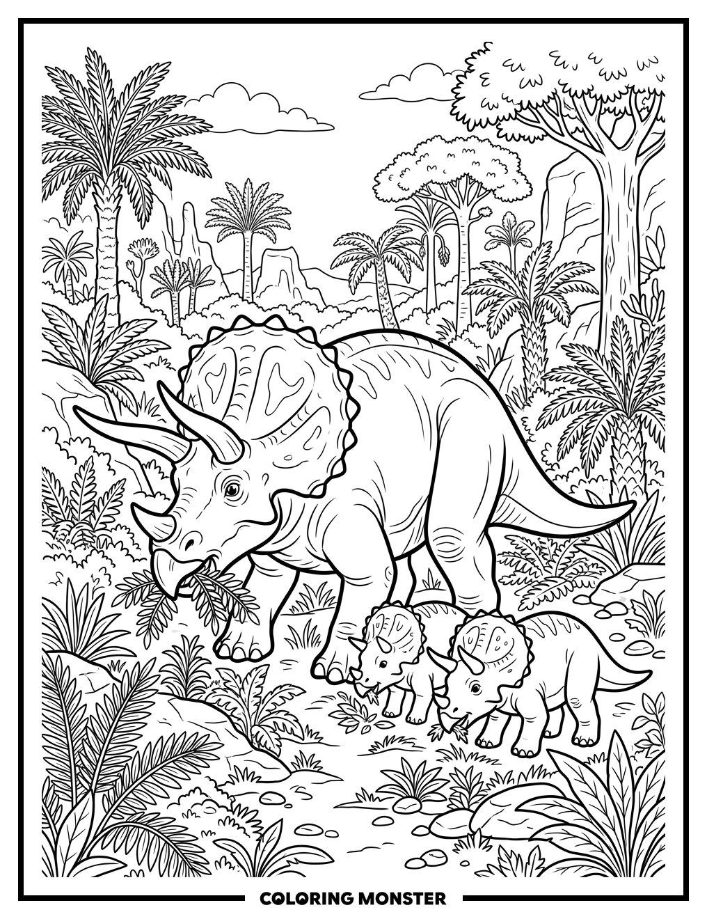Triceratops Family Grazing in Meadow Coloring Page