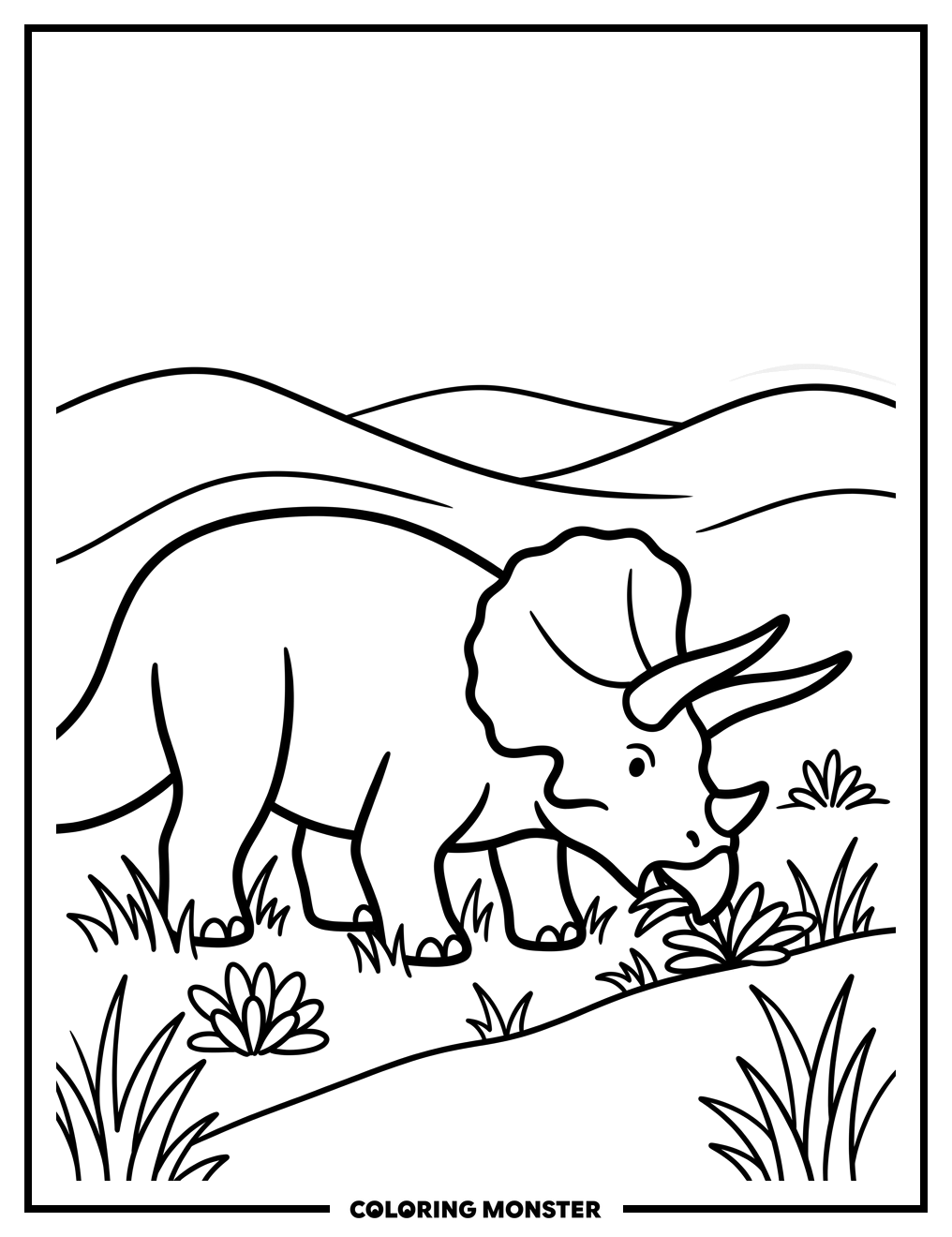 Triceratops Grazing in Prehistoric Field Coloring Page