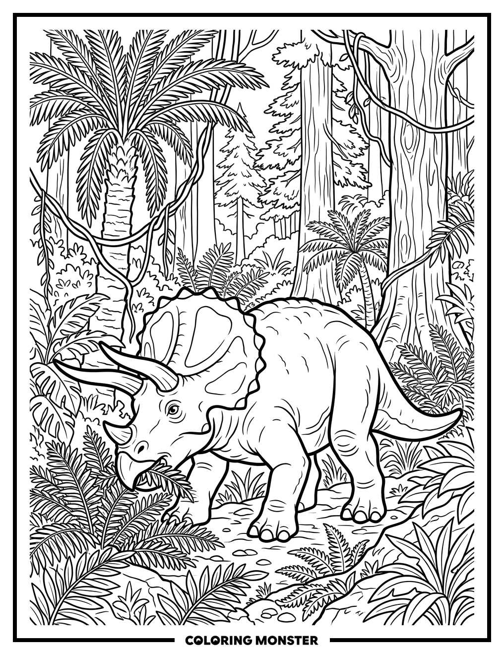 Triceratops Grazing in Prehistoric Jungle Coloring Page