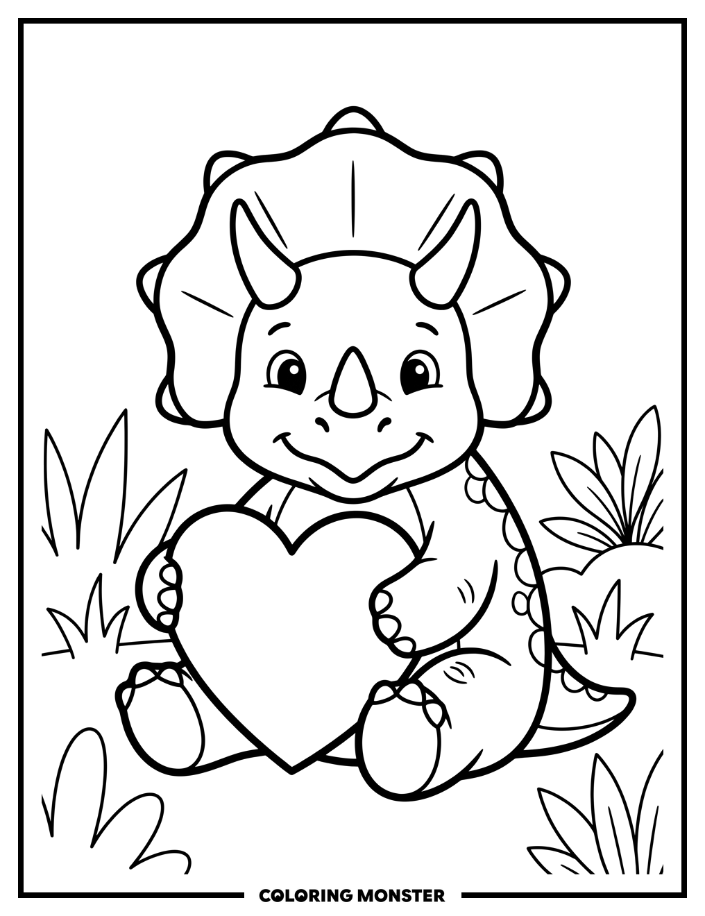 Triceratops Holding a Heart Coloring Page