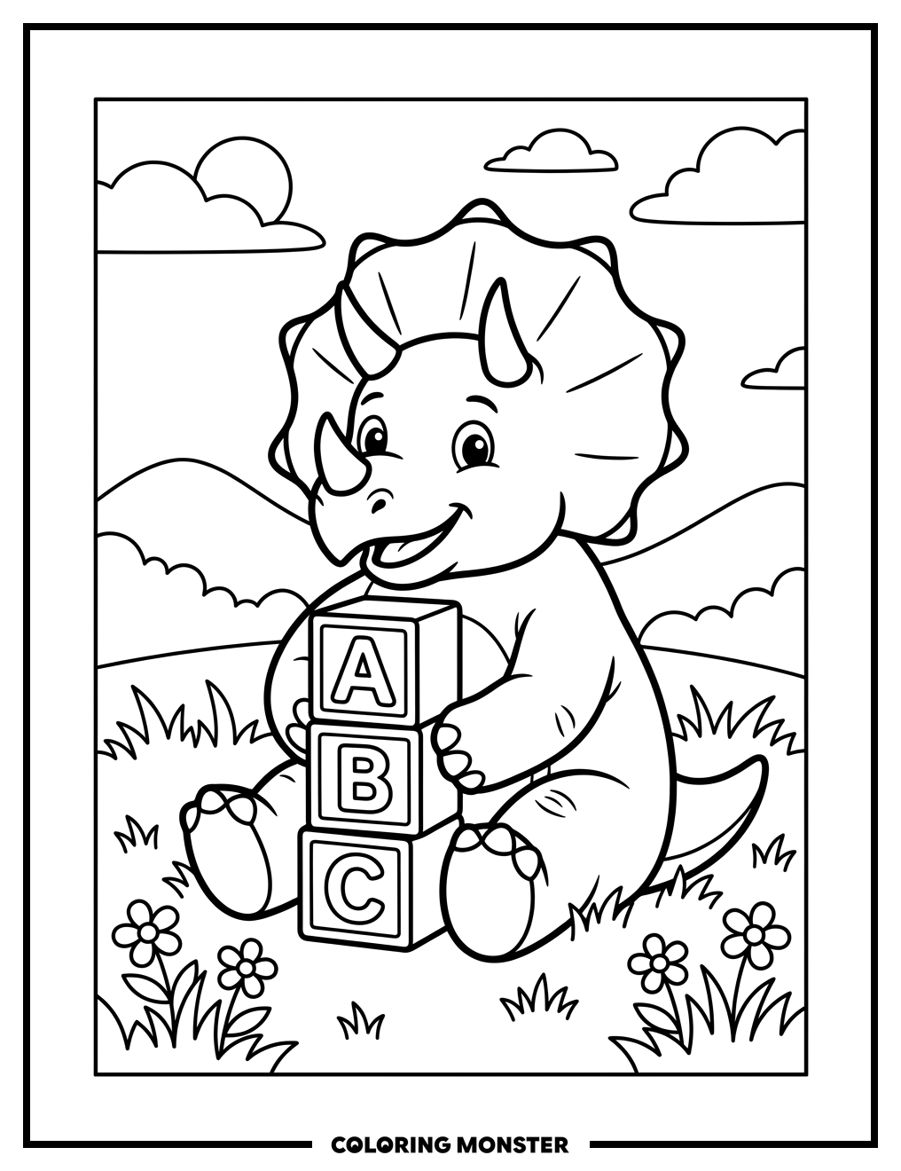 Triceratops Holding ABC Blocks Coloring Page