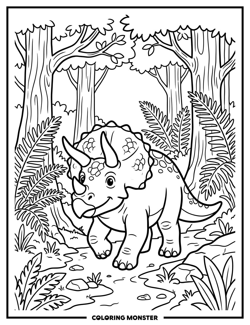 Triceratops in a Forest Coloring Page