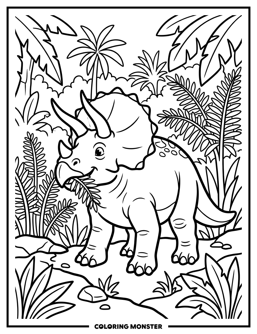 Triceratops in a Lush Jungle Coloring Page