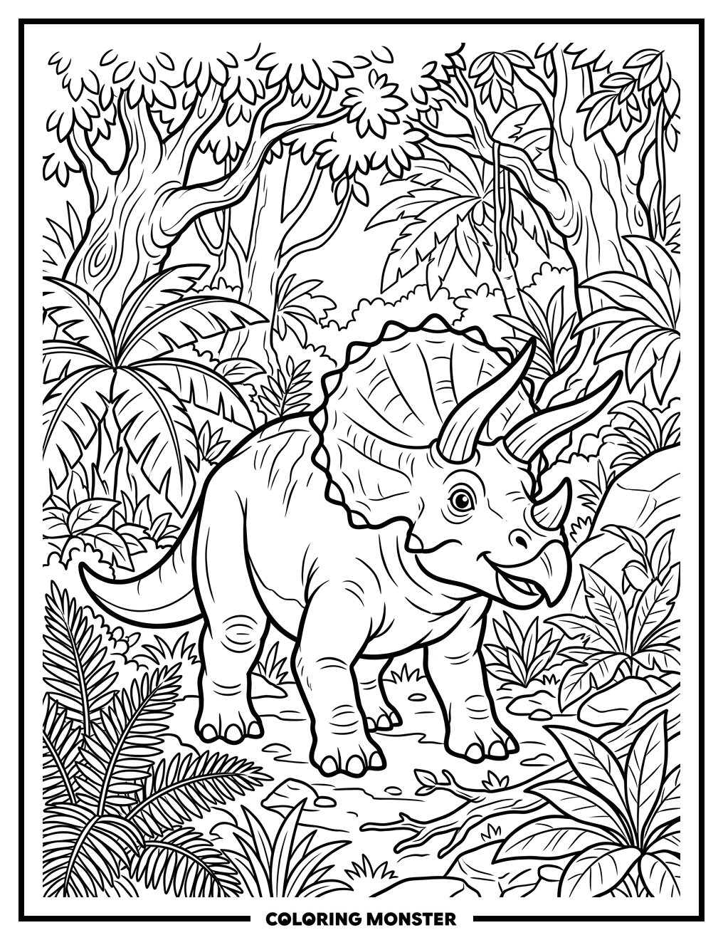 Triceratops in a Lush Jungle Coloring Page