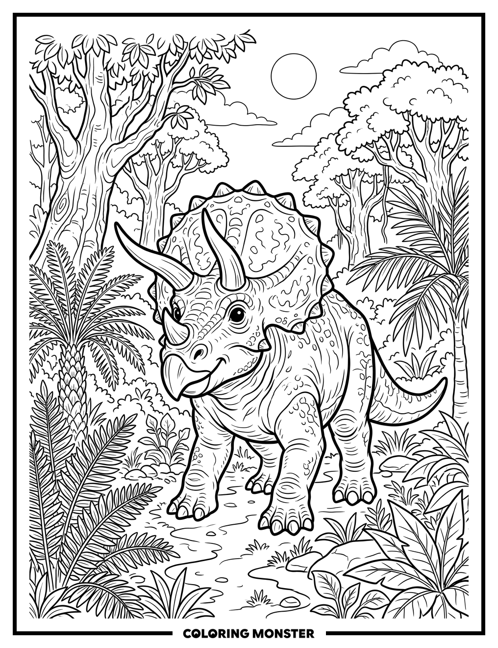 Triceratops in a Lush Jungle Coloring Page