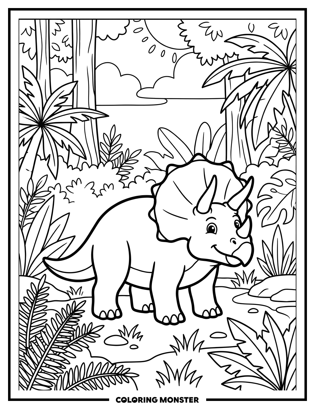 Triceratops in Jungle Clearing Coloring Page