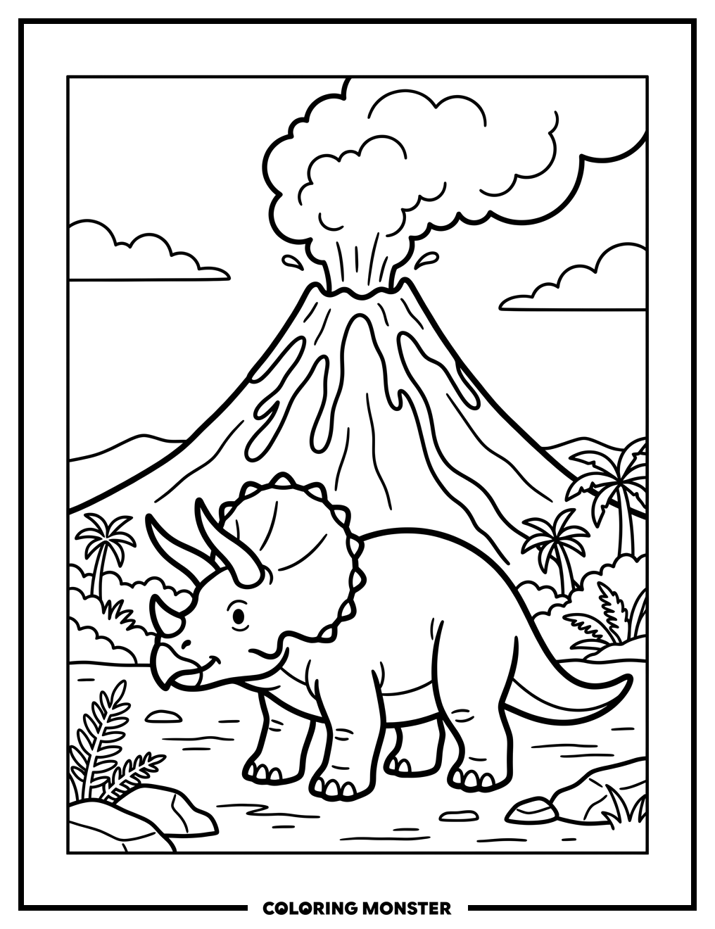 Triceratops Near Erupting Volcano Coloring Page