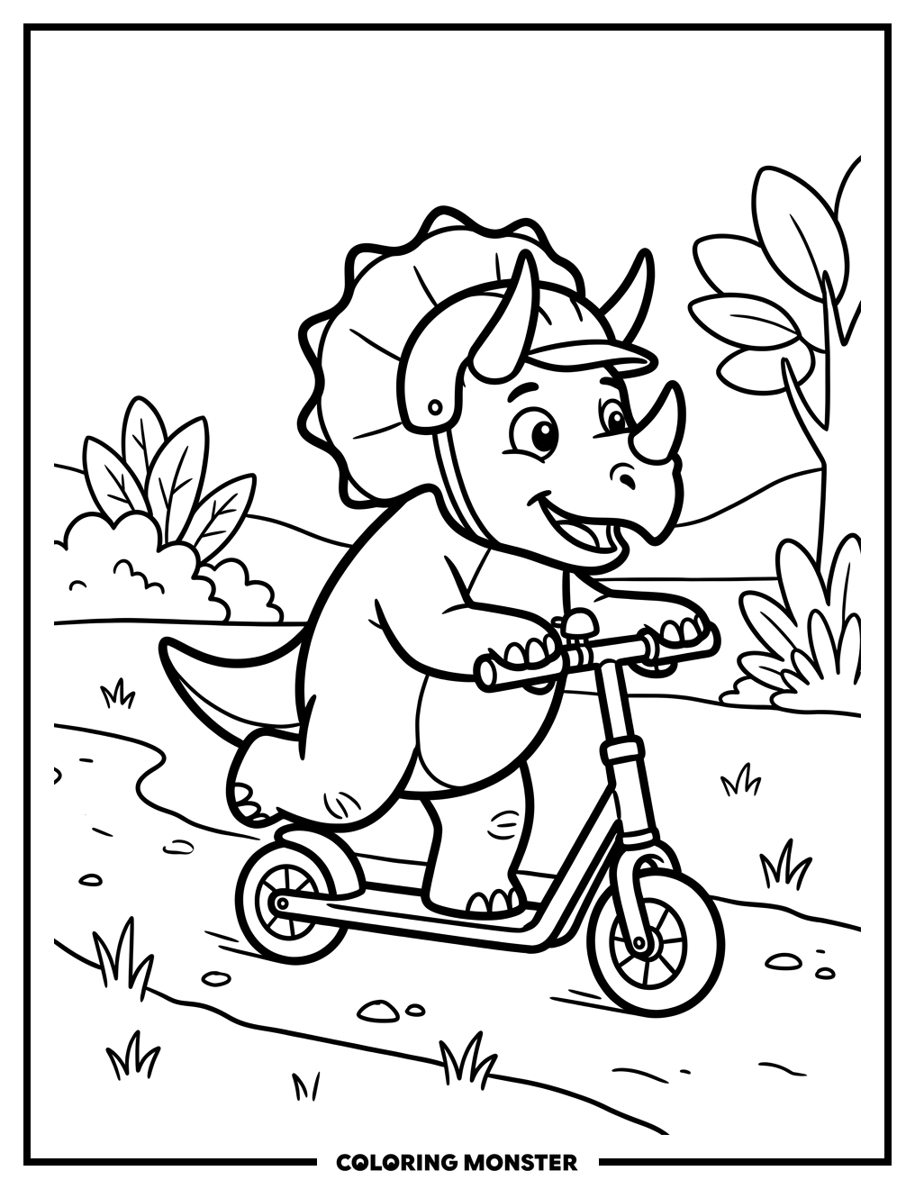 Triceratops Riding a Scooter Coloring Page