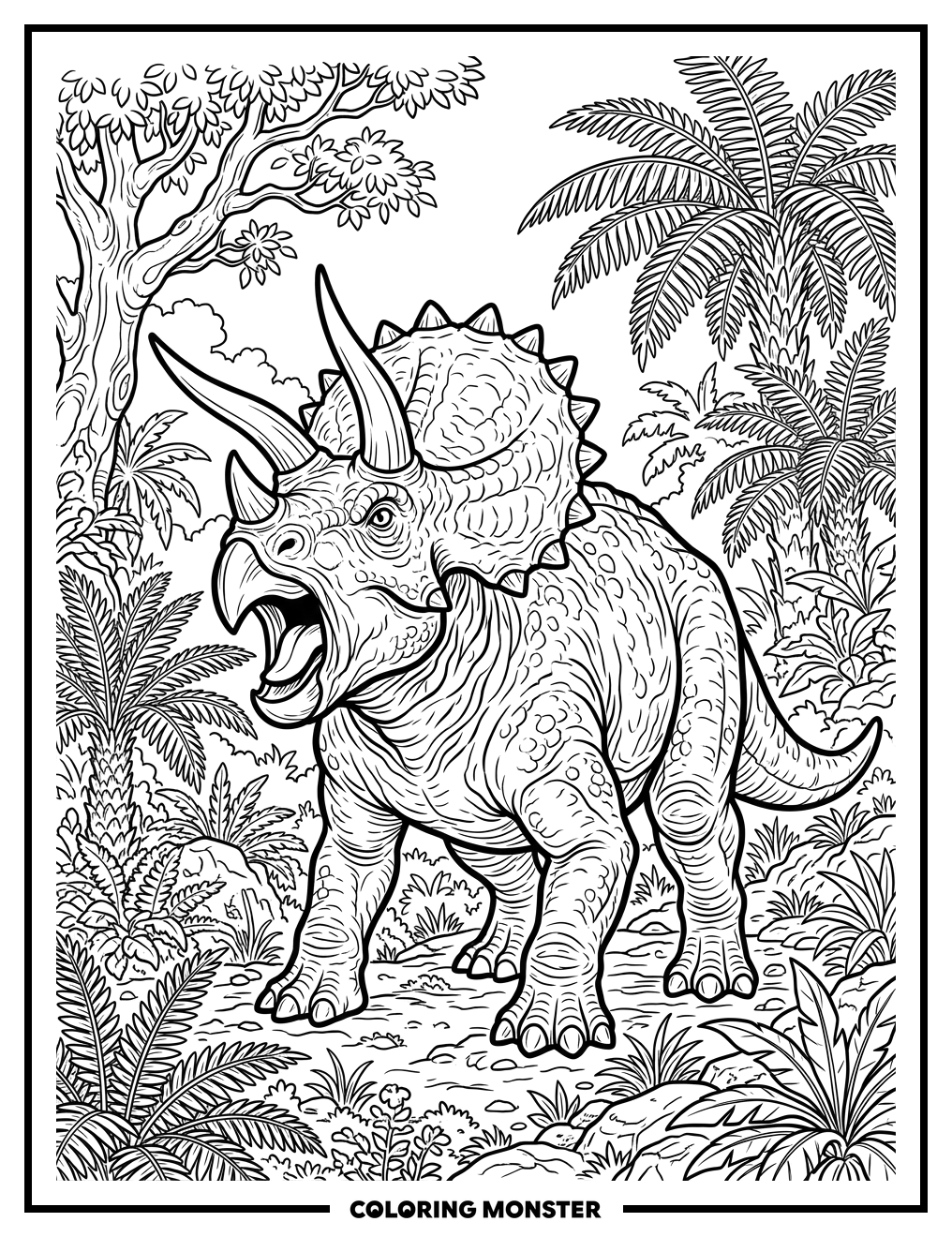 Triceratops Roaring on Prehistoric Plain Coloring Page