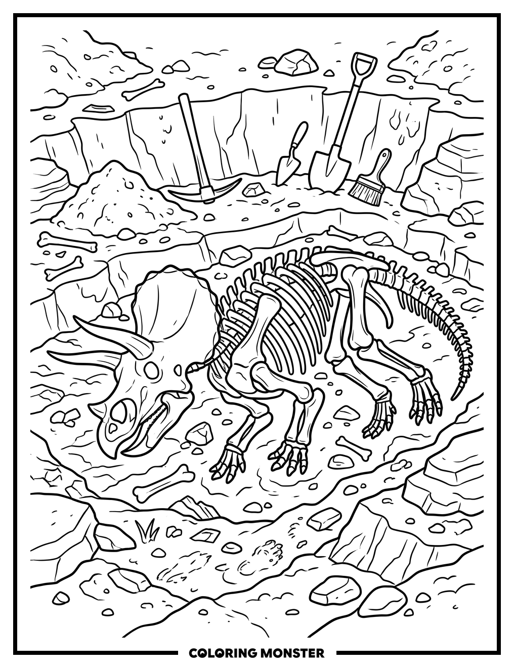 Triceratops Skeleton At Dig Site Coloring Page
