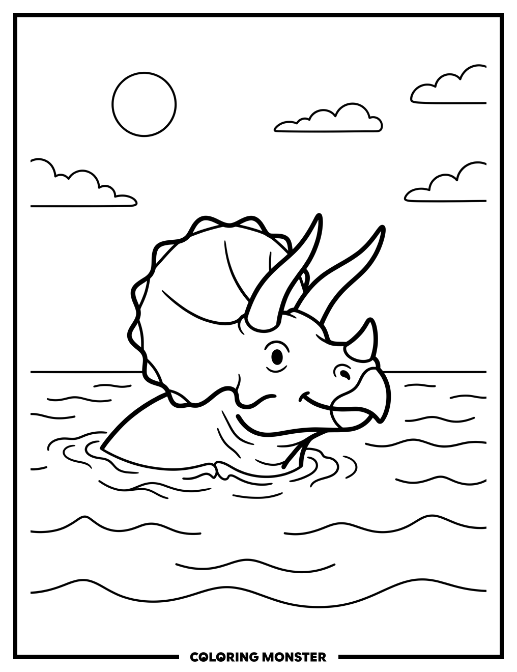 Triceratops Swimming in the Ocean Coloring Page