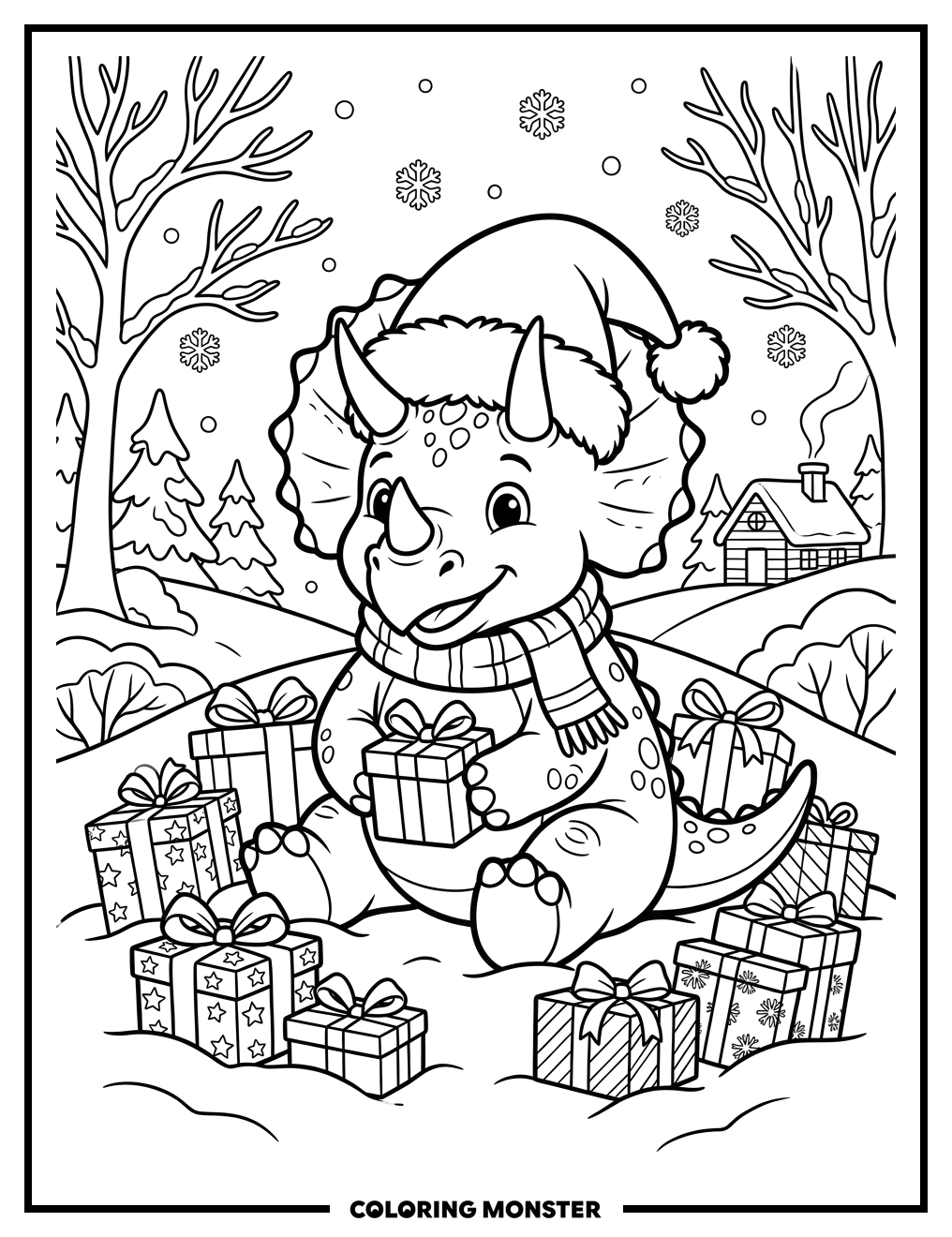 Triceratops with Santa Hat and Presents Coloring Page