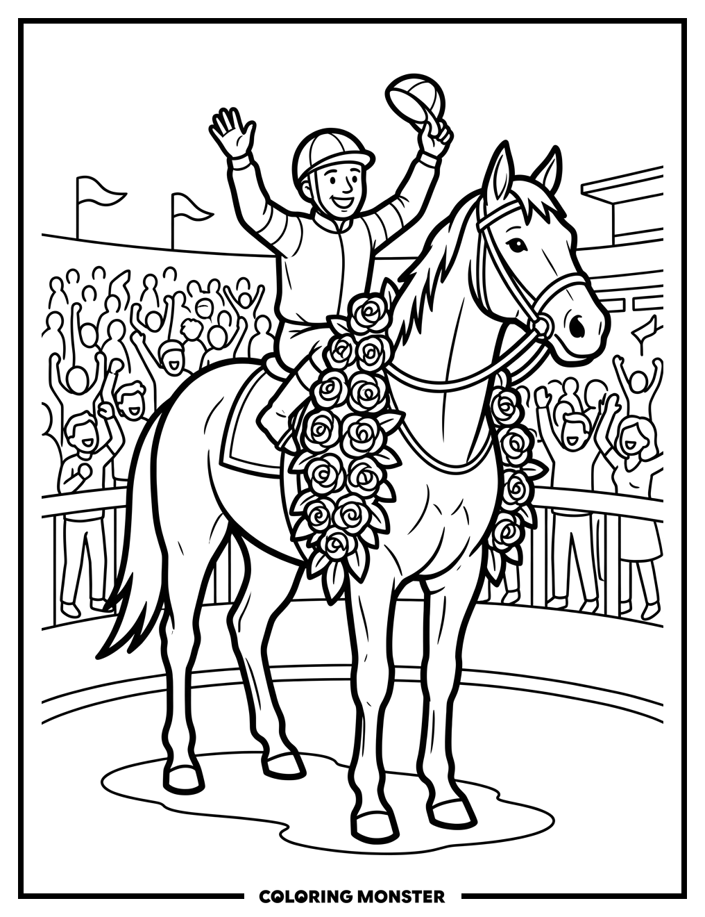 Triumphant Racehorse in Winner's Circle Coloring Page