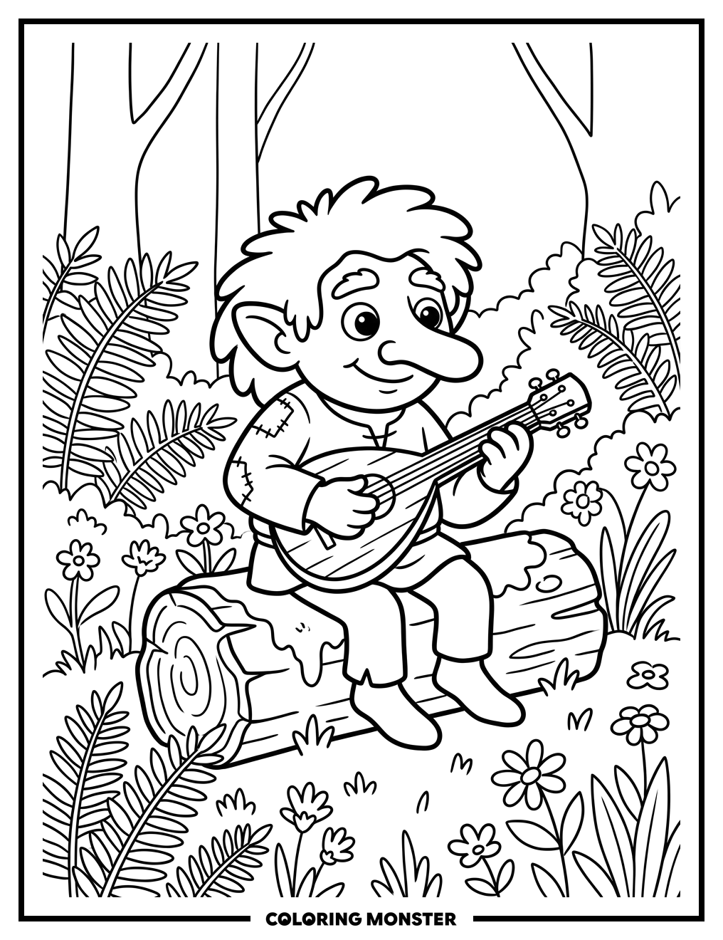 Troll with Lute in Forest Coloring Page