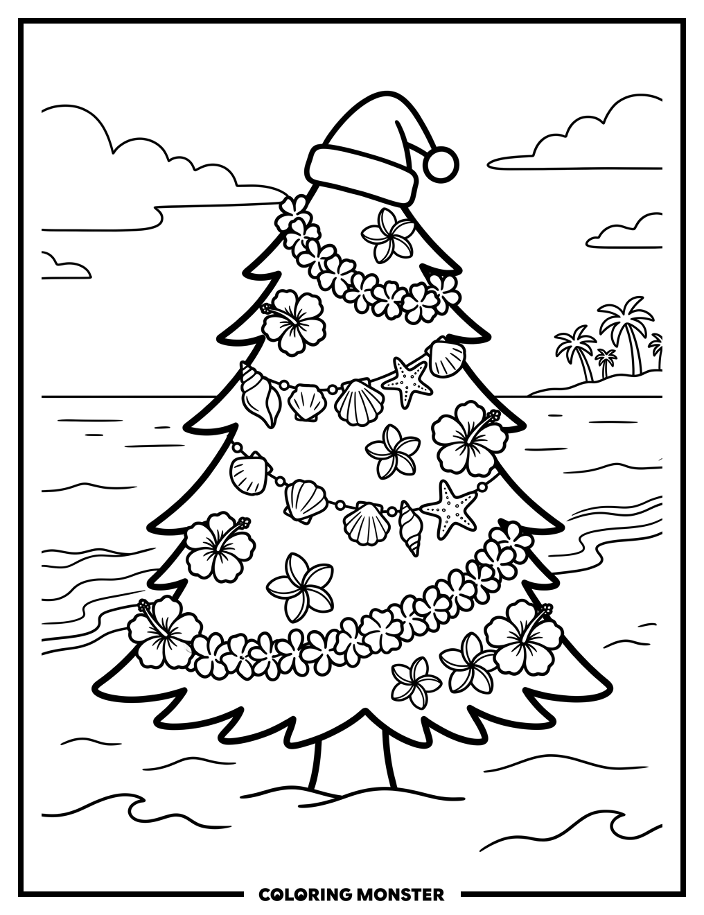 Tropical Christmas Tree on the Beach Coloring Page