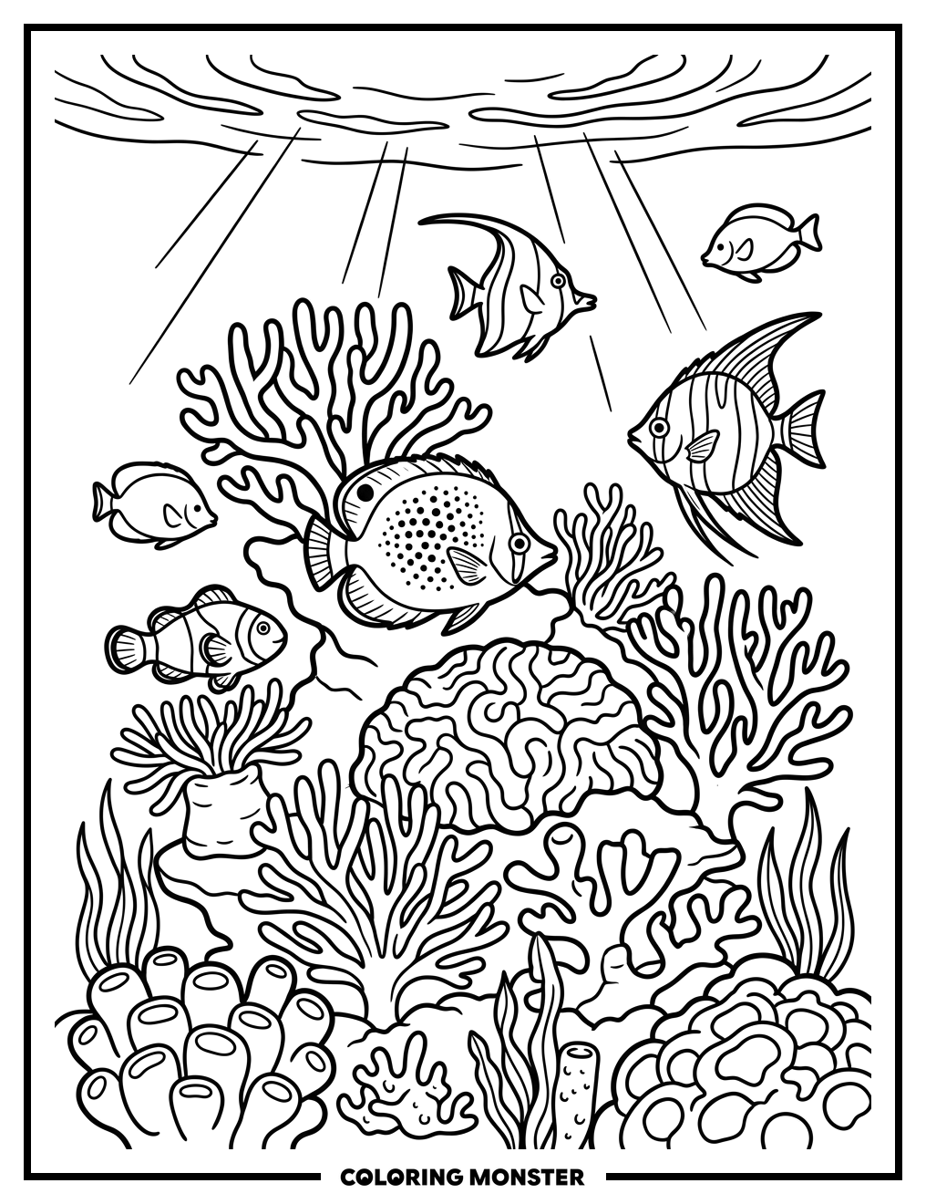 Tropical Fish and Coral Reef Coloring Page