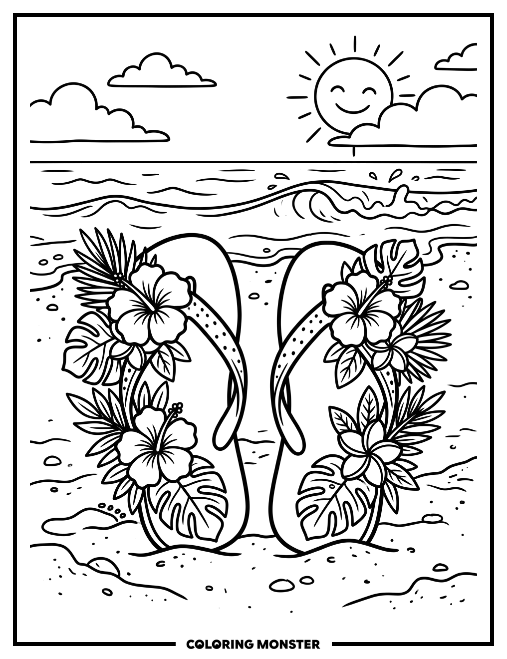 Tropical Flip Flops on Beach Coloring Page