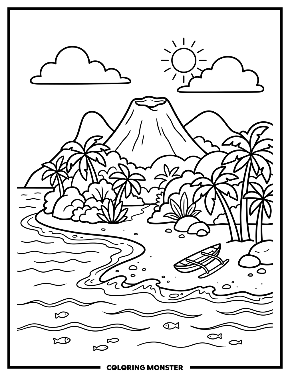 Tropical Island Beach Scene Coloring Page
