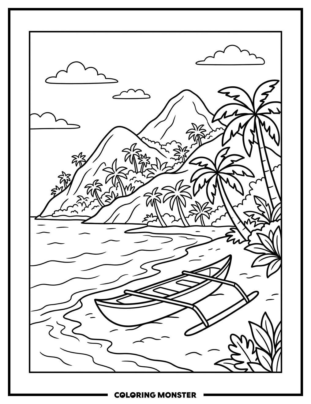 Tropical Island Beach Scene Coloring Page