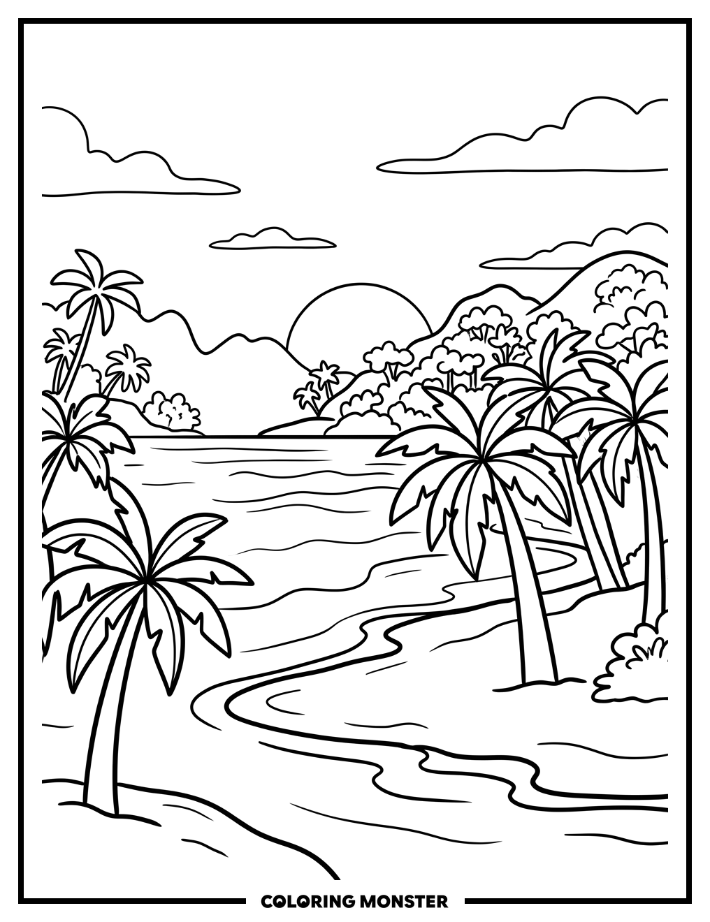 Tropical Island Sunset Beach Coloring Page