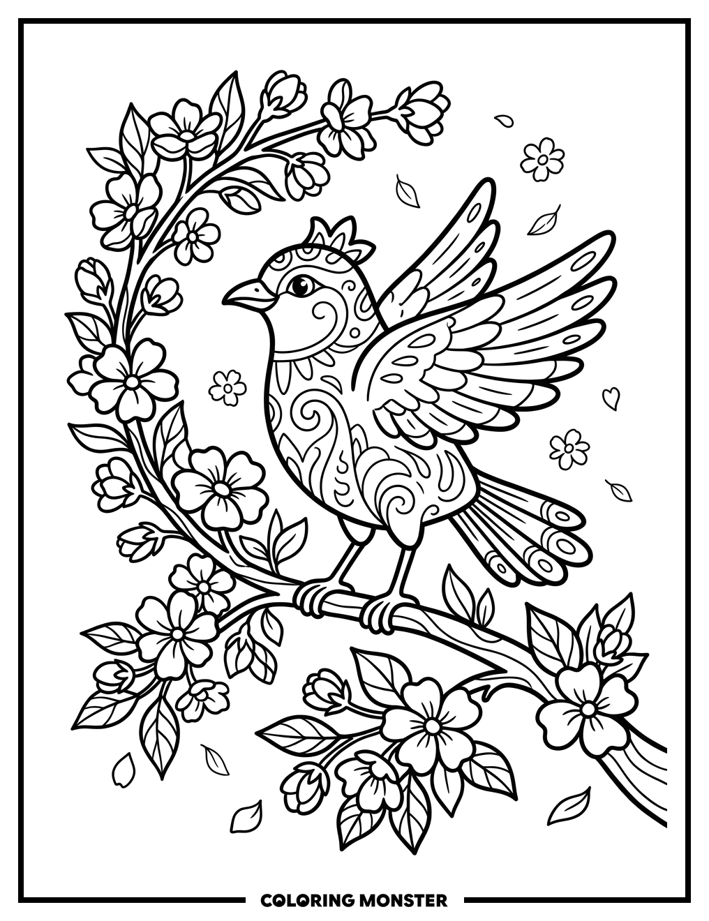 Tula Bird on Flowering Branch Coloring Page