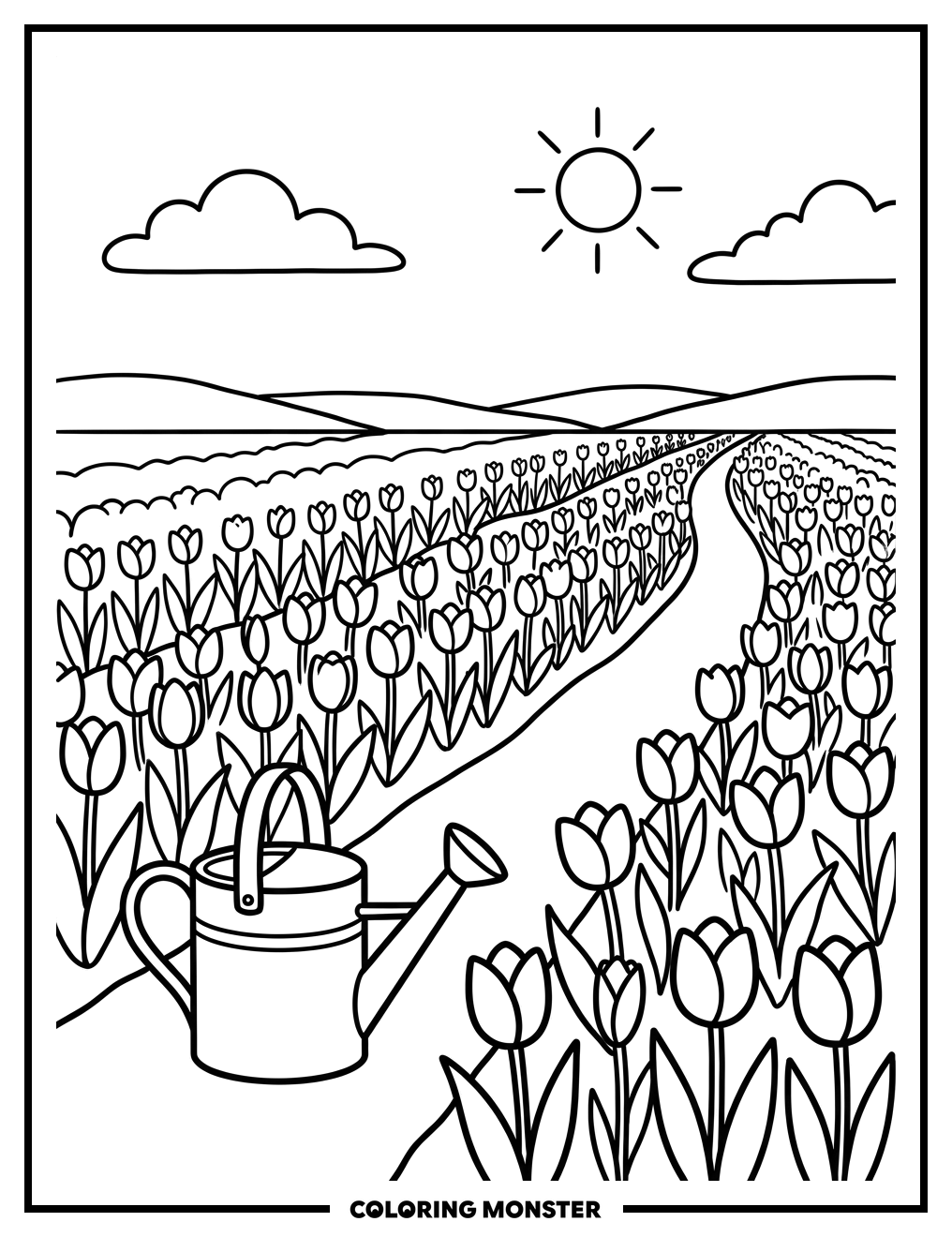 Tulip Field With Watering Can Coloring Page