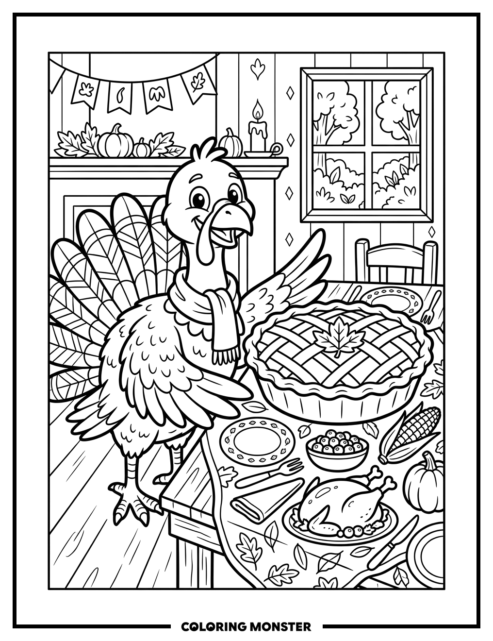Turkey and Pumpkin Pie Coloring Page