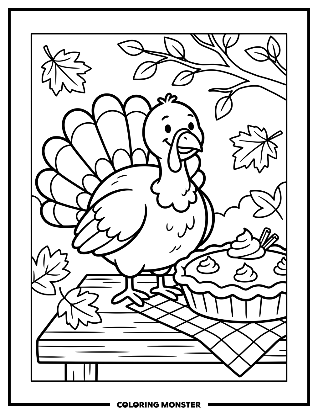 Turkey and Pumpkin Pie Coloring Page