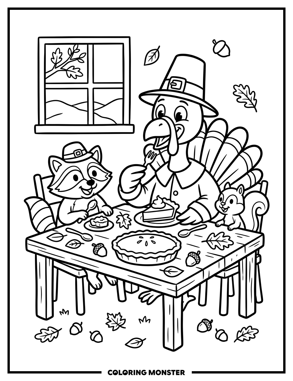 Turkey Pilgrim Shares Pie Coloring Page