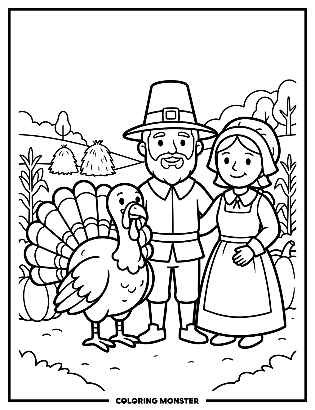 Turkey With Pilgrim Family Coloring Page