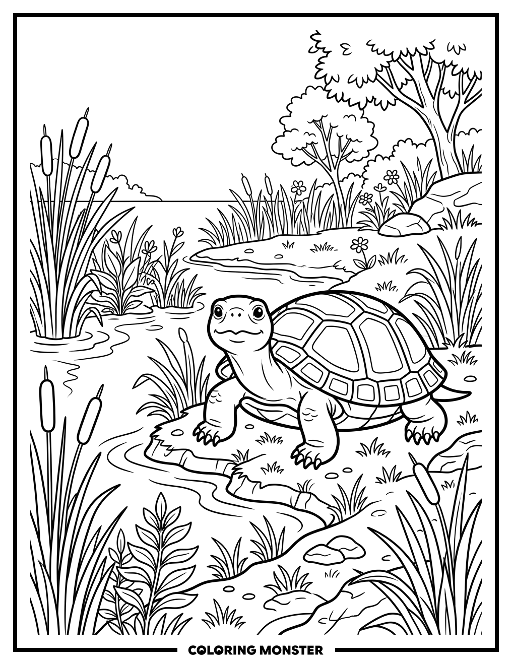 Turtle Beside A Pond Coloring Page