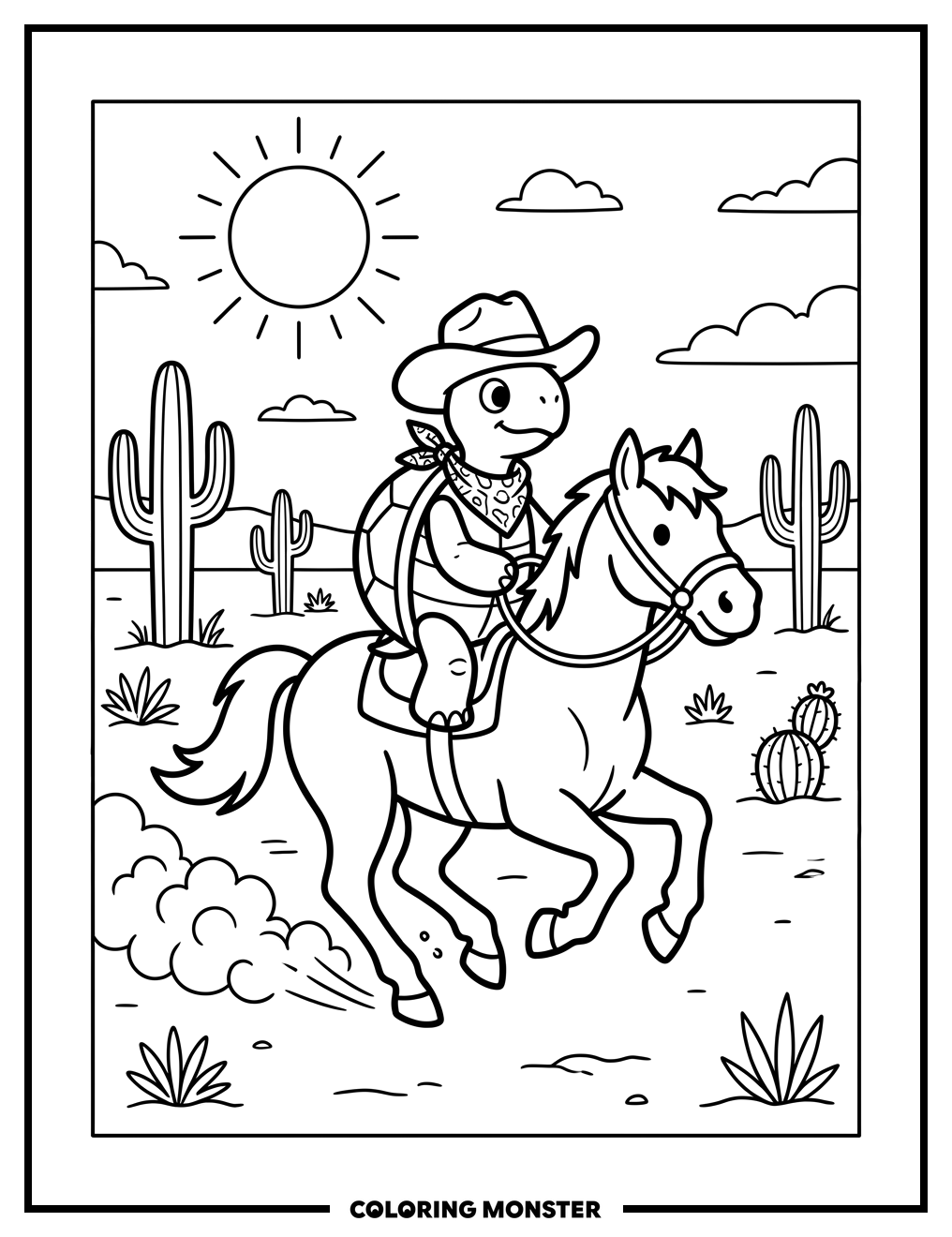 Turtle Cowboy Riding a Horse Coloring Page