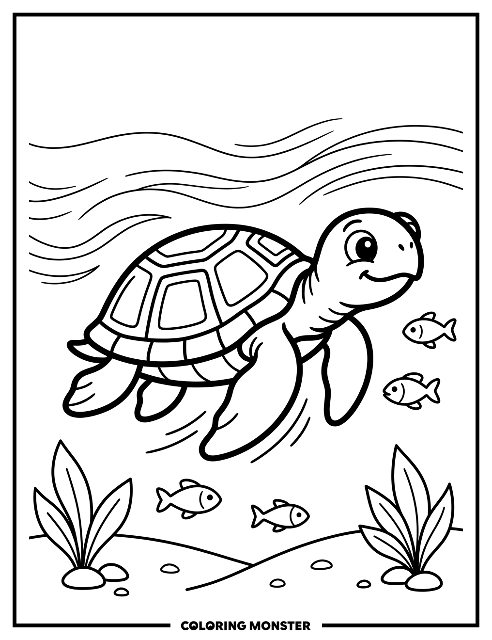 Turtle Swimming With Fish Coloring Page
