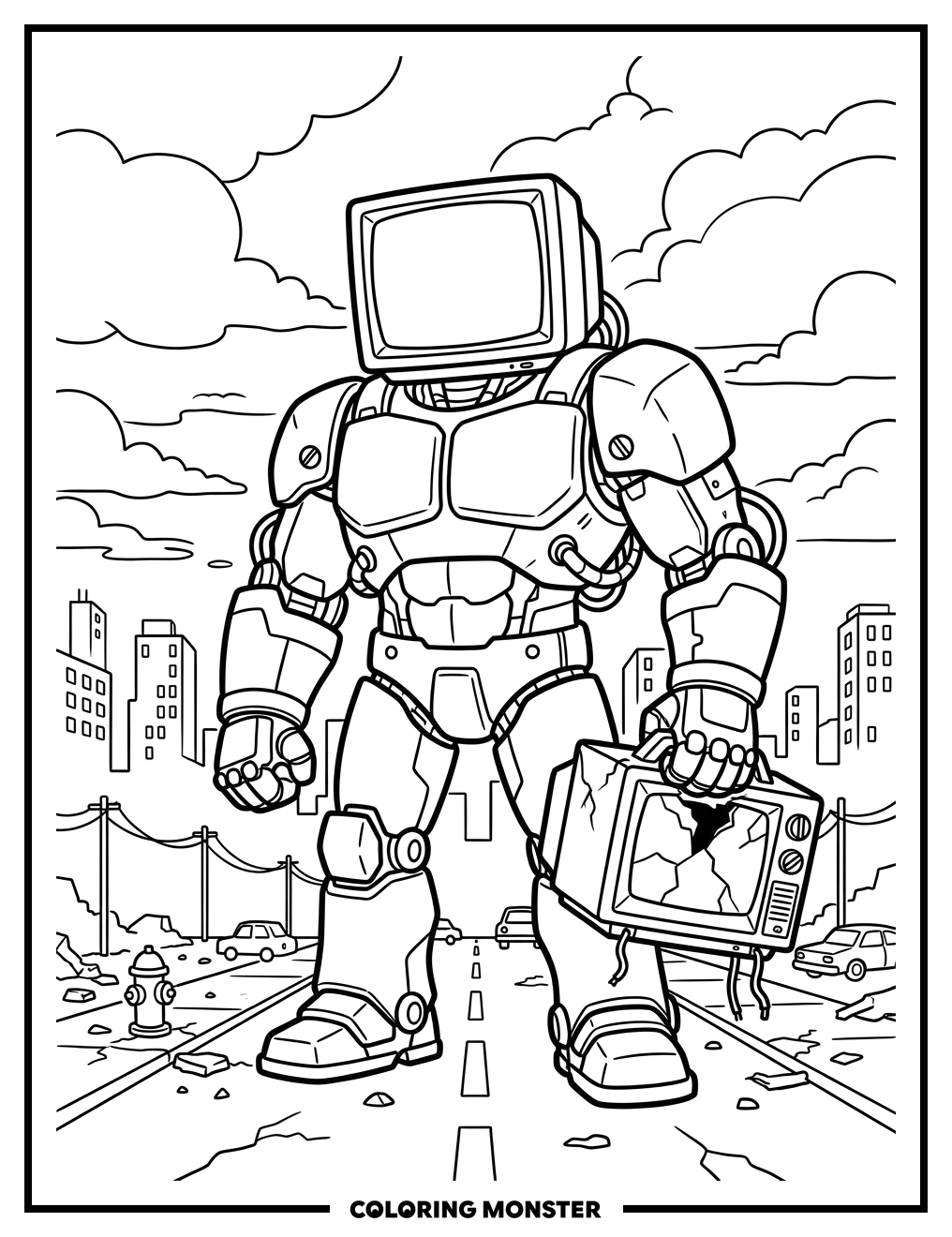 TV Titan with Broken TV Coloring Page