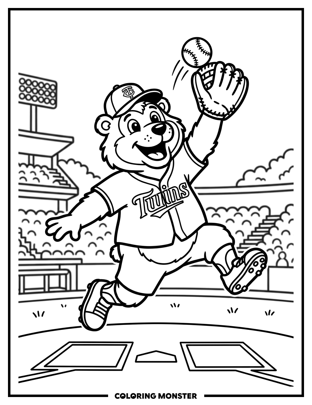 Twins Mascot Catches Baseball Coloring Page