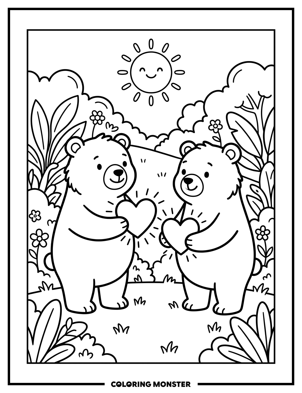 Two Bears Exchanging Hearts Coloring Page