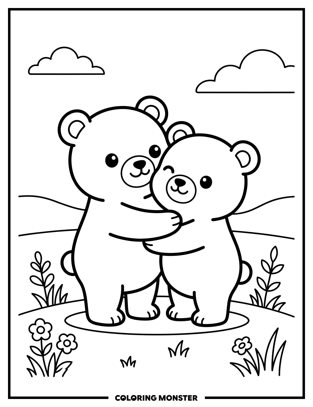 Two Bears Hugging in a Field Coloring Page