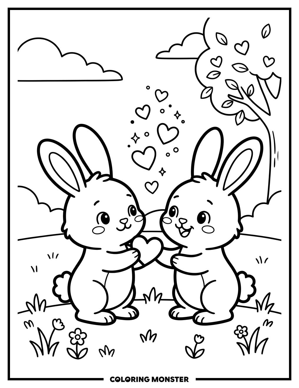 Two Bunnies Exchanging a Heart Coloring Page