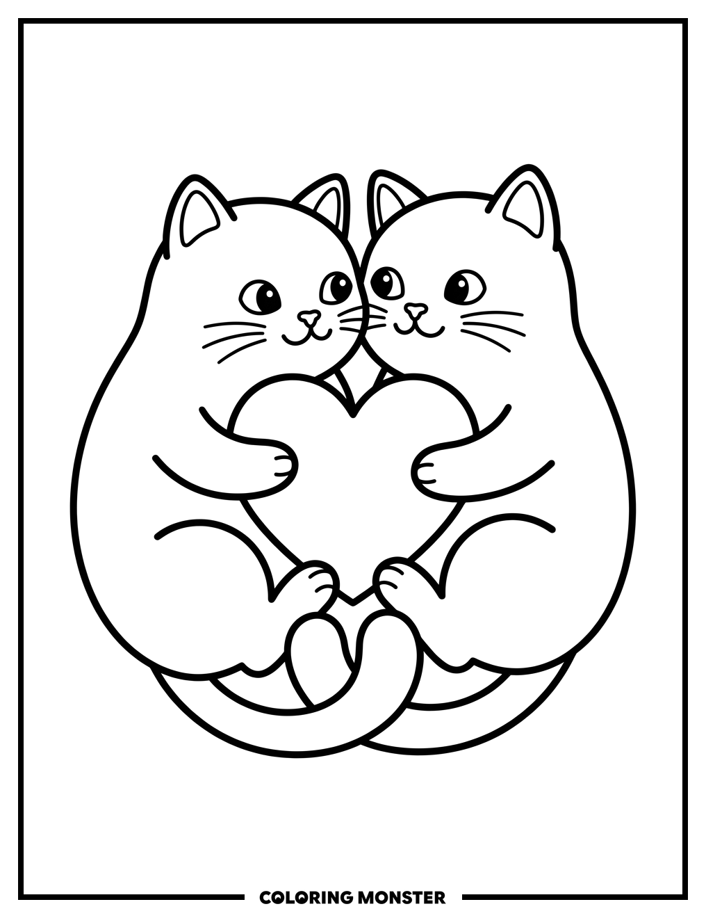 Two Cats Snuggled With Heart Coloring Page