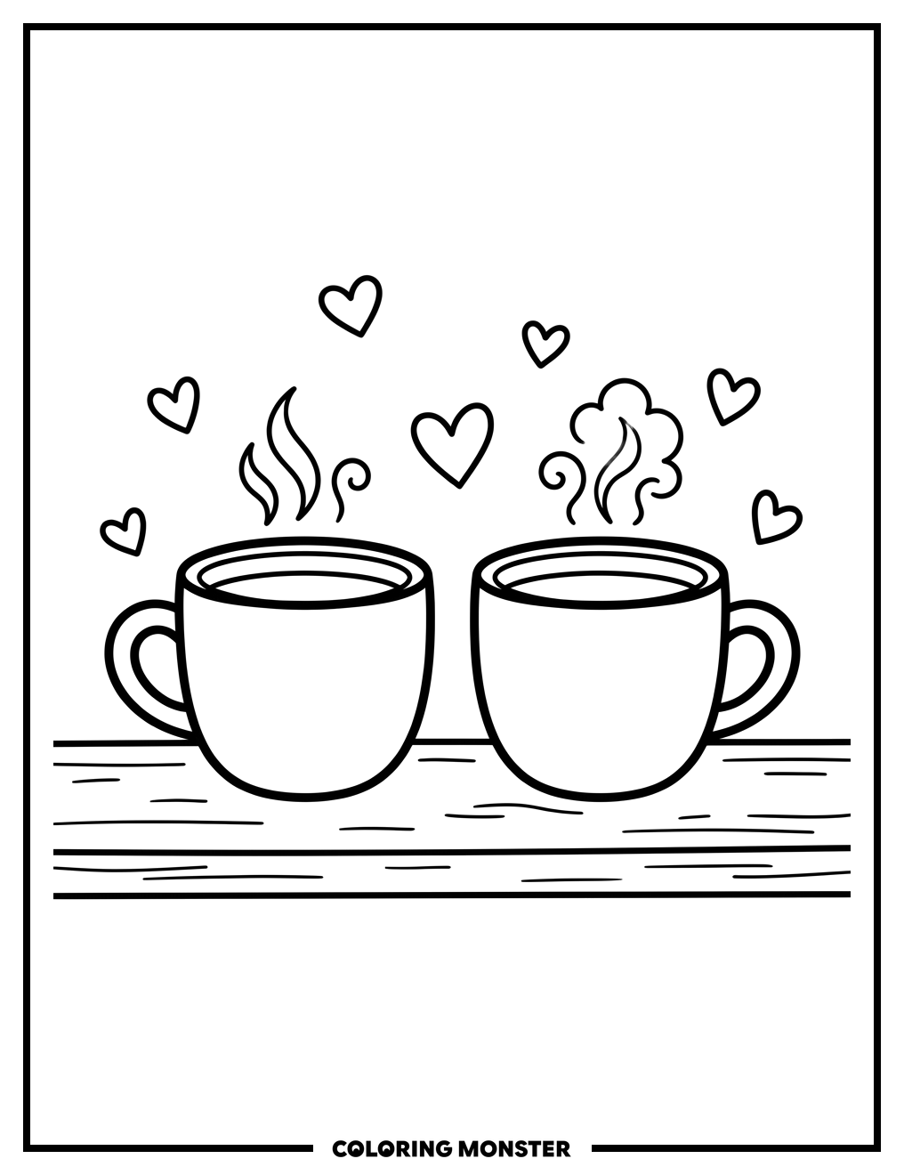 Two Coffee Cups with Hearts Coloring Page