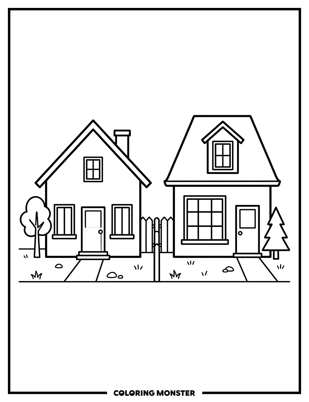Two Cozy Houses With A Fence Coloring Page