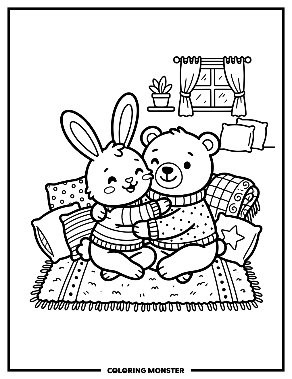 Two Friends Hugging Warmly Coloring Page